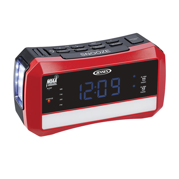 Jensen Red AM FM Weather Alert Dual Alarm Clock Radio Flashlight USB Port
