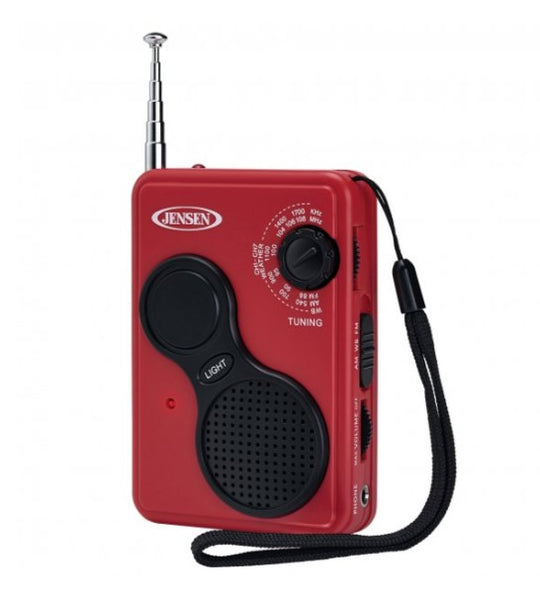 Jensen AM FM Weather Band Radio with Flashlight for Emergencies Red Cabinet