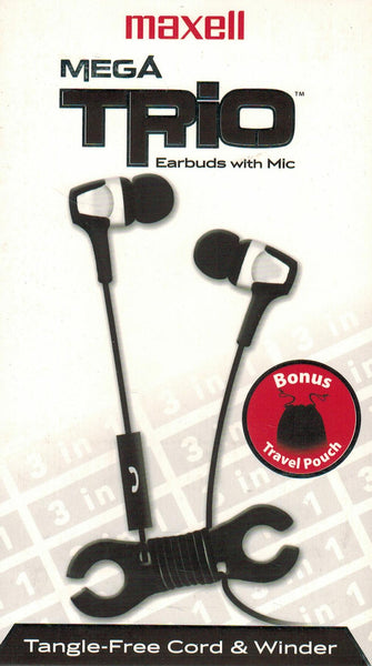 Maxell Mega Trio Black Earbuds with Mic Tangle Free Cord Winder & Carrying Pouch
