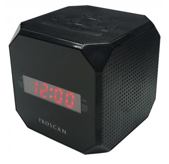 Proscan AM FM Dual Alarm Cube Clock Radio 20 Presets Power Backup Option Black