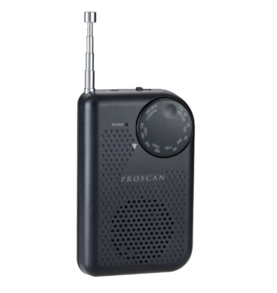ProScan AM FM Compact Portable Radio Black with Speaker and Headphone Jack