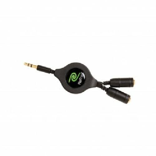 Retrak 3.5mm Stereo Black Headphone Splitter Retractable Cord For Two Listeners