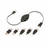 Retrak 6 Ft Black USB Extension Cable Retractable Cord 2.1Amp 480mpbs 5 Adapters