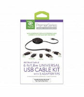 Retrak 6 Ft Black USB Extension Cable Retractable Cord 2.1Amp 480mpbs 5 Adapters