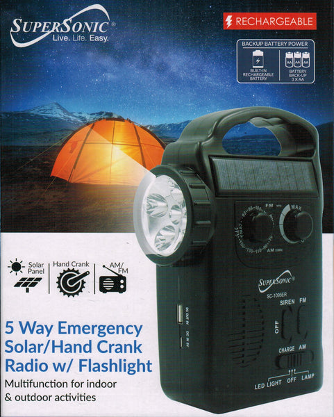 Supersonic BLACK Emergency AM FM Radio Flashlight Crank and Solar Charging SOS